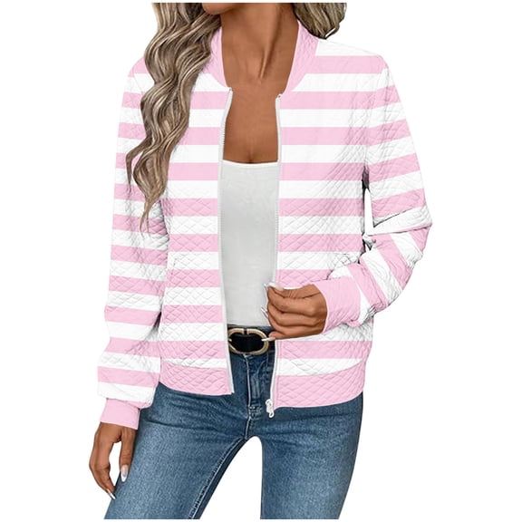 Trendy Bomber Jacket for Women Waffle-Textured Printed Full Zip Long Sleeve Hoodless Coat Casual Fall Clothes (S, Pink|Stripe)