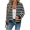 thumbnail image 1 of Trendy Bomber Jacket for Women Waffle-Textured Printed Full Zip Long Sleeve Hoodless Coat Casual Fall Clothes (XL, Black|Stripe), 1 of 5