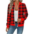thumbnail image 1 of Trendy Bomber Jacket for Women Waffle-Textured Printed Full Zip Long Sleeve Hoodless Coat Casual Fall Clothes (XL, Red|Plaid), 1 of 5