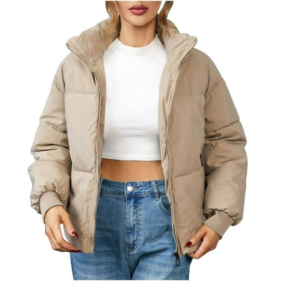 Trendy Bomber Puffer Jackets Ladies Cozy Warm Winter Full-zip Cardigan Crop Short Coats Stand Collar Outerwear (Medium, Khaki)