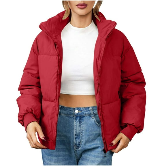 Trendy Bomber Puffer Jackets Ladies Cozy Warm Winter Full-zip Cardigan Crop Short Coats Stand Collar Outerwear (X-Large, Wine)