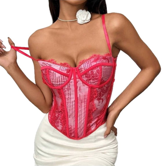 Trendy Boning Bustier for Women Newspaper Print Corsets with Lace Trim Overbust Corset Top for Going Out Club S