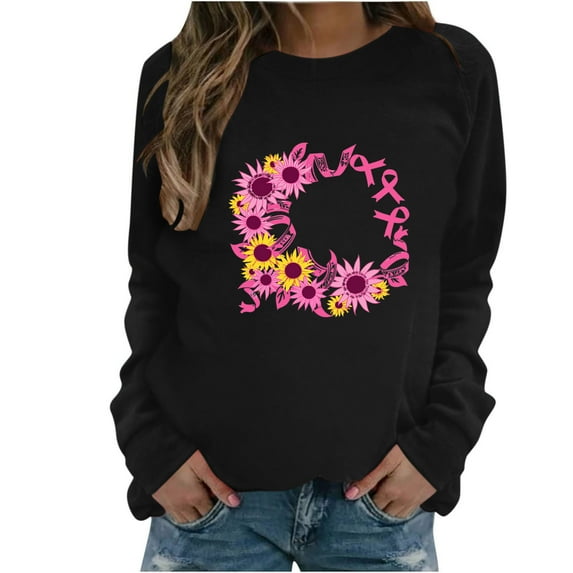 Trendy Breast Cancer Shirts for Women Long Sleeve Round Neck Pink Ribbon Print Tops Casual Loose Pullover Hoodie Top,Black 1,S