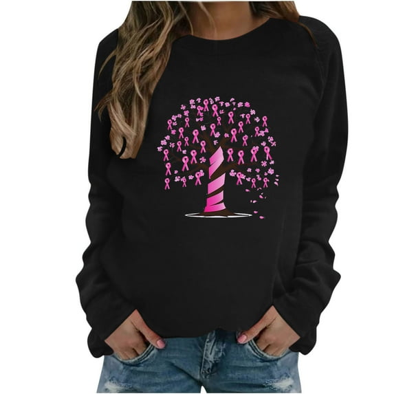 Trendy Breast Cancer Shirts for Women Long Sleeve Round Neck Pink Ribbon Print Tops Casual Loose Pullover Hoodie Top,Black 5,2XL