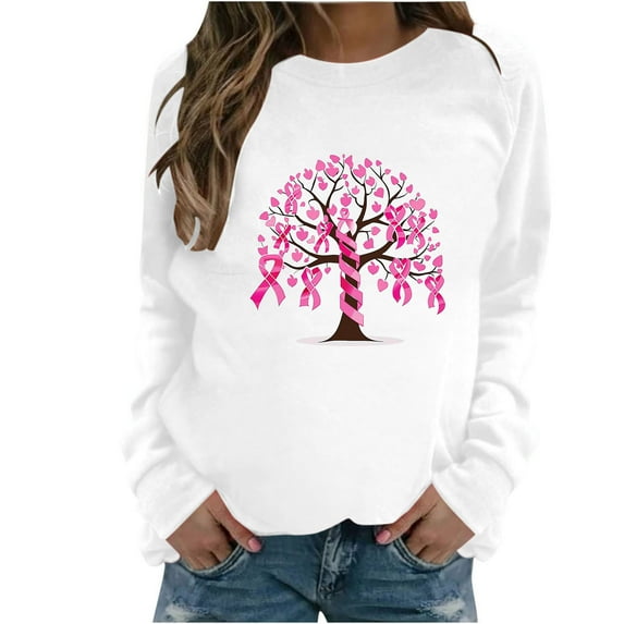 Trendy Breast Cancer Shirts for Women Long Sleeve Round Neck Pink Ribbon Print Tops Casual Loose Pullover Hoodie Top,White 4,XL