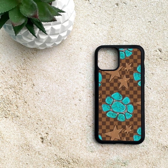 Trendy Brown Checkered Turquoise Western Style Phone Case 17 16 15 14 13 12 11 Pro Max