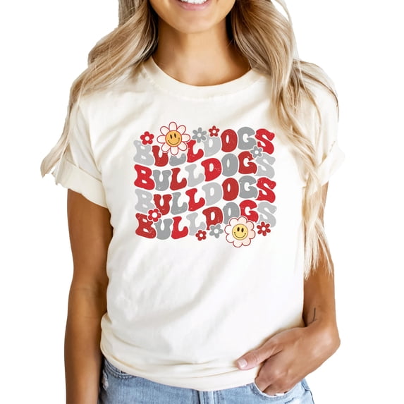 Trendy Bulldogs Sports Fan Shirt for Women, Teens & Kids Girly Red Team Pride Outfit for Baby Natural Shirt Adult Small