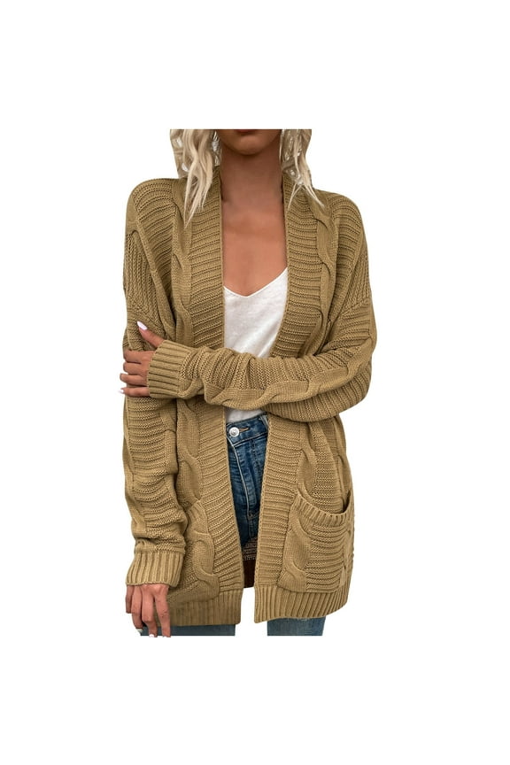 Trendy Cable Knit Long Cardigan for Women Solid Open Front Long Sweater Cardigan with Pockets Fall Outerwear