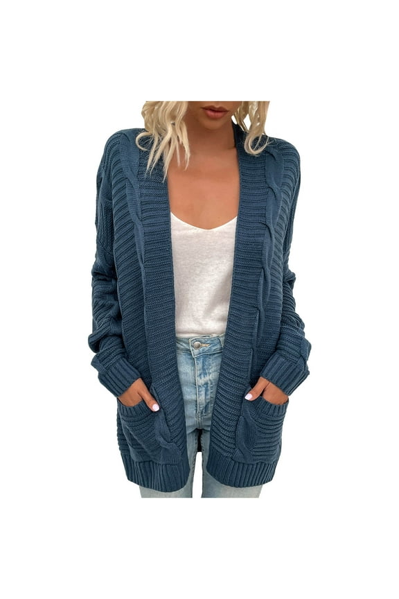 Trendy Cable Knit Long Cardigan for Women Solid Open Front Long Sweater Cardigan with Pockets Fall Outerwear
