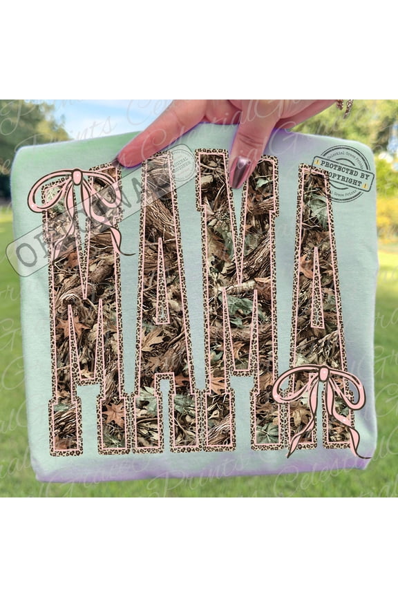 Trendy Camo Mama Design T-Shirt for Stylish Military Moms with Leopard Bow Accents
