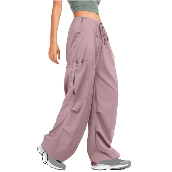 Trendy Cargo Pants Women Drawstring Elastic Waist Pants Flowy Lightweight Casual Workout Pink M