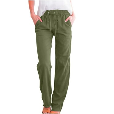 Trendy Casual Linen Pants for Women Workout Gym Trousers Elastic Drawstring Loose Pants Straight Wide Leg Trousers with Pockets Outlet Overstock Clearance