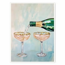 Trendy Champagne Celebration Wall Art Pink Bubbly Pouring into Gold-Rimmed Coupes Canvas Poster Elegant Bottle and Glasses Print for Bar Dining Room Party Wall Decor