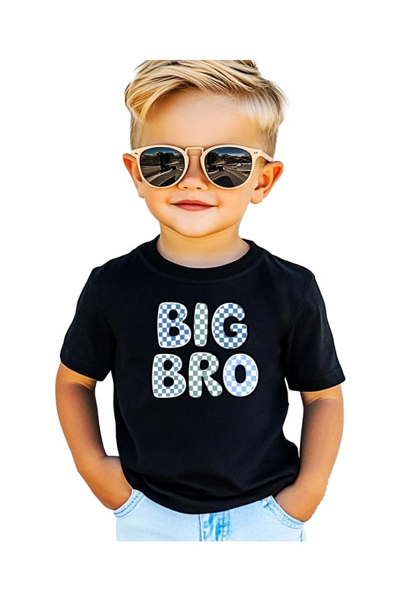Trendy Checkered Big Bro Shirt for Boys New Big Brother Sibling T-Shirt Black Shirt Youth Small