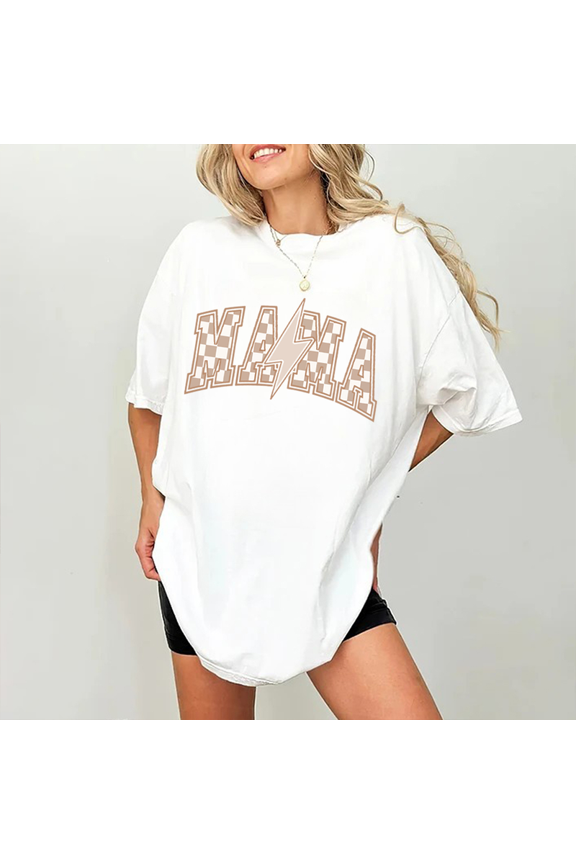 Trendy Checkered Mama Lightning Bolt Graphic Tee