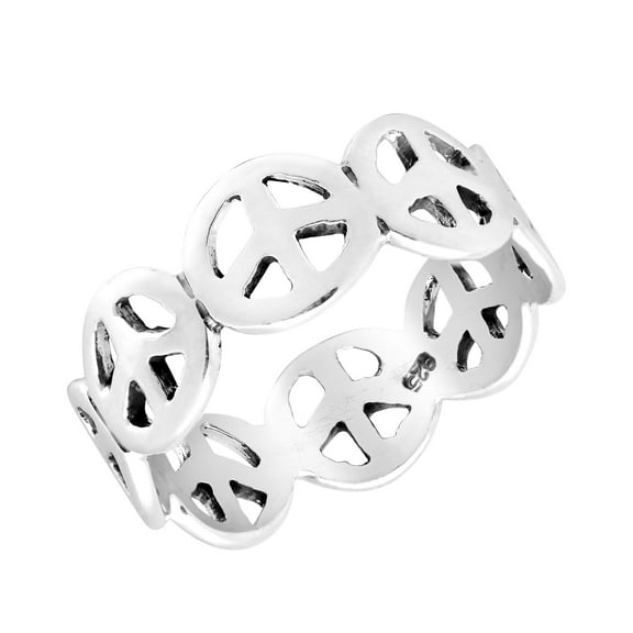 Trendy Chic Linked Peace Harmony Symbols Sterling Silver Ring