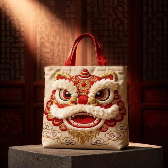 Trendy Chinese Lion Dance Embroidery Large Capacity Backpack, Traditional Festive Stitch Detail, Soft Wearable Fabric, Casual Single Shoulder Bag for Outing Festival Gift & All-Match Collocation