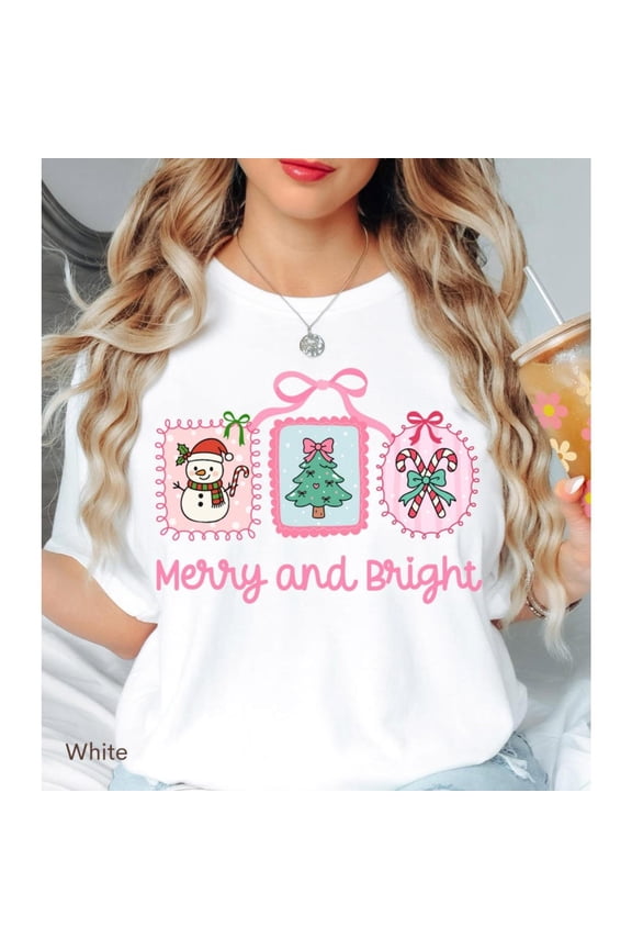 Trendy Christmas Merry Bright Tee Cute Graphic Festive Slogan Top Short Sleeve Round Neck White S-5XL