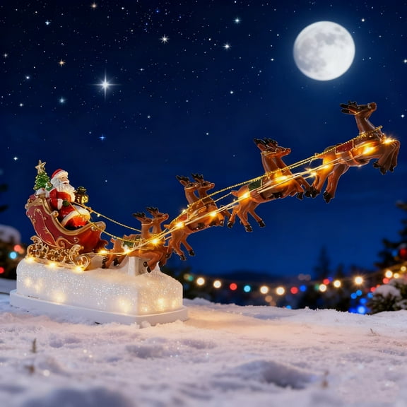 Trendy Christmas Santa Claus Sleigh Decoration - Festive Scene Decor with Reindeer, Hand-Painted Detailed Design for Mantel, Tabletop, Living Room & Home Holiday Displays, 31.5*6.5*16cm, Red