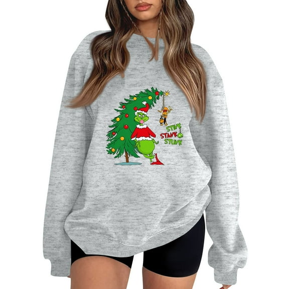 Trendy Christmas Sweatshirt Christmas Tree Graphic 2025 Cute Xmas Holiday Long Sleeve Pullover Light Gray XL