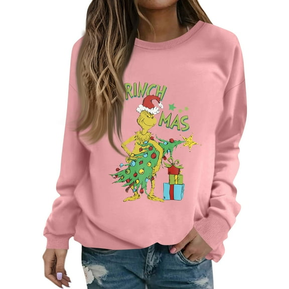 Trendy Christmas Sweatshirt Women Funny Christmas Tree Xmas Cute Graphic Long Sleeve Pullover Pink Large