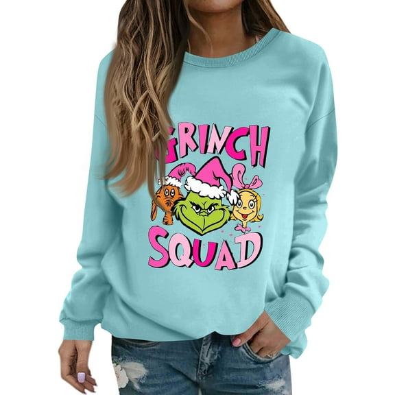 Trendy Christmas Sweatshirt Xmas Long Sleeve Shirts Crewneck Pullover Sky Blue Large