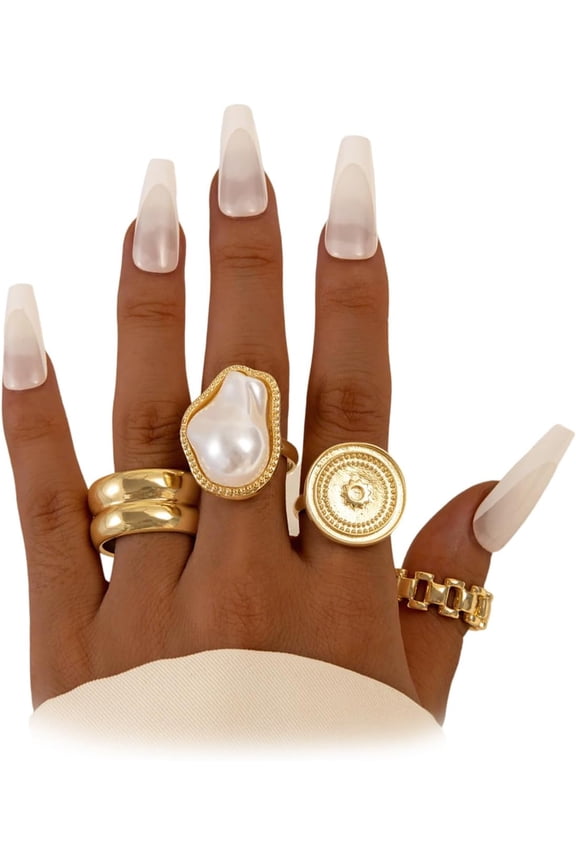 Trendy Chunky Gold Pearl Rings Set for Women,Thick Stackable Round Signet Wide Chain Knuckle Rings,Personalized Formal Statement Rings for Cocktail