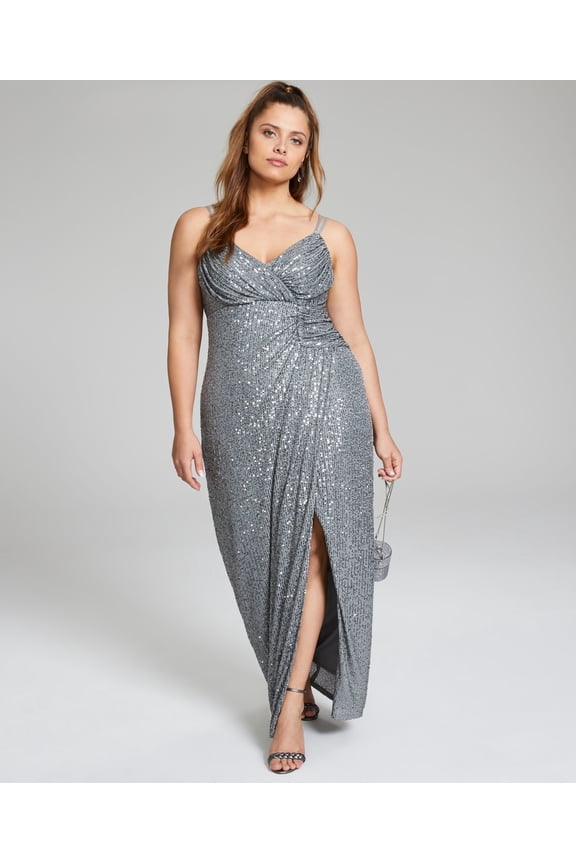 Trendy City Studios Juniors Plus Size Ruched Metallic Gown. Gunmetal 18W