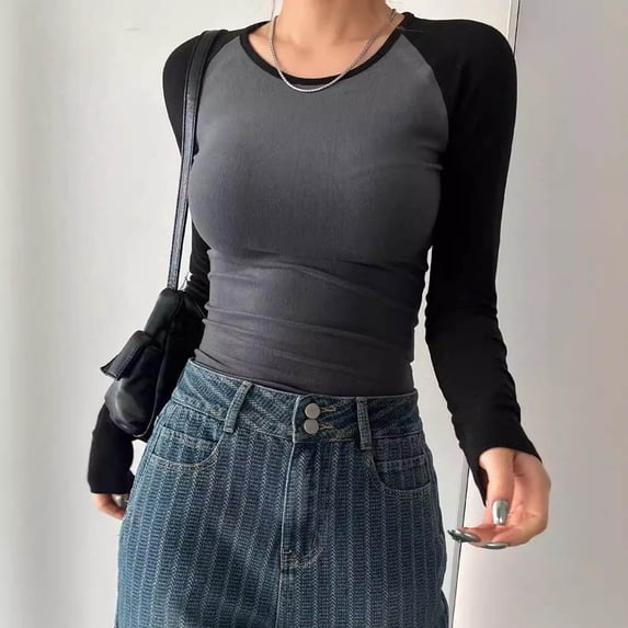 Trendy Color Block Tops for Women Casual Round Neck Long Sleeve Tee Fall Tight Blouse Dark Gray M