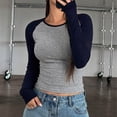 thumbnail image 1 of Trendy Color Block Tops for Women Casual Round Neck Long Sleeve Tee Fall Tight Blouse Gray XL, 1 of 8