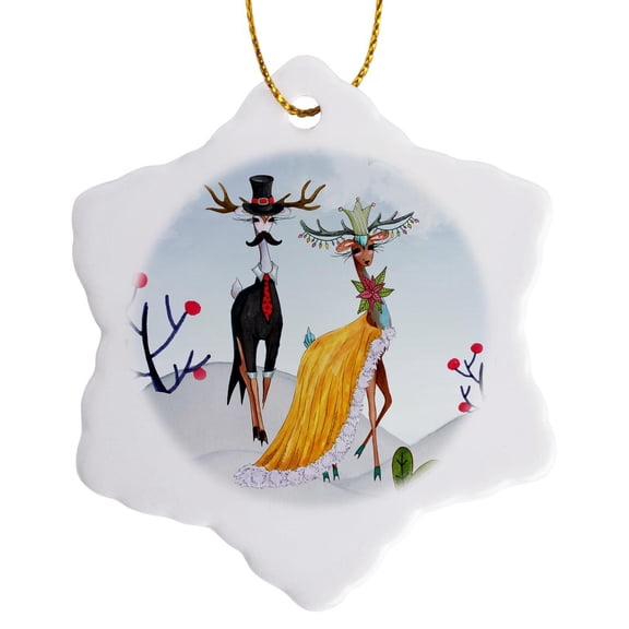 3drose, Trendy Cool Fantasy Winter Fashion Show- Deer Animal in Cool Dress, 3 inch Snowflake Porcelain Ornament
