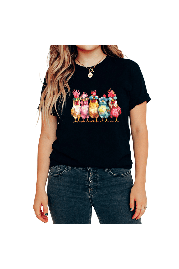 Trendy Cool Rooster Chicken Squad Watercolor Graphic Tees T-shirt Tops Short Sleeve Round Neck Black S-5XL