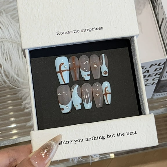 Trendy Coquette Handmade Press on Nails for Women Blue Stars Everyday Aesthetic Y2k Medium Oval Blue Fake Nails