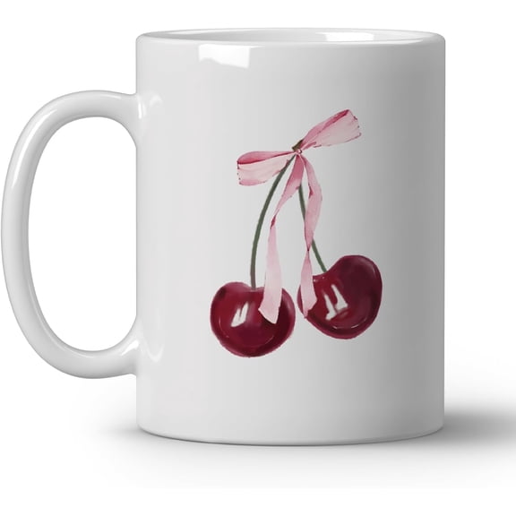 Trendy Coquette Pink Bow Cherry Coffee Mugs, Preppy Cute Pink Ceramic Coffee Mug, Teen Girls Gifts, Cute Girly Coffee Cup, 11oz Ceramic Cup White