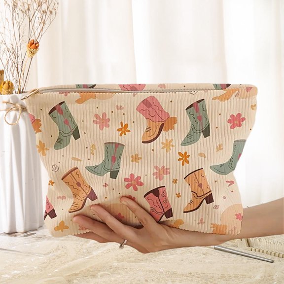 Trendy Corduroy Cute Boot Floral Print Cosmetic Organizer Pouch Girls Handbag Makeup Storage Bag with Gold Zipper