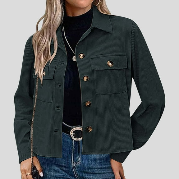 Trendy Cotton Cropped Shacket Button down Corduroy Shacket Jackets for Women Casual Long Sleeve Crop Jackets