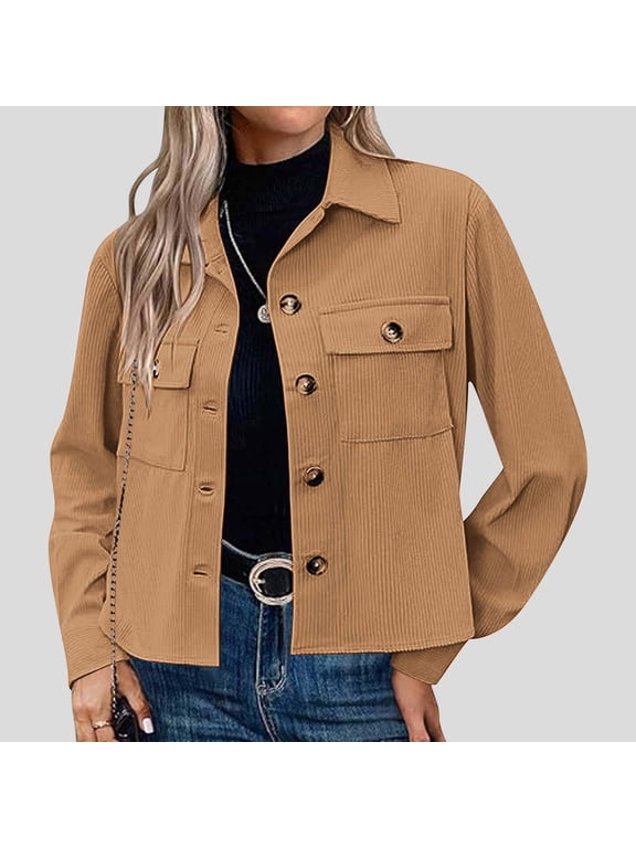 Trendy Cotton Cropped Shacket Button down Corduroy Shacket Jackets for Women Casual Long Sleeve Crop Jackets