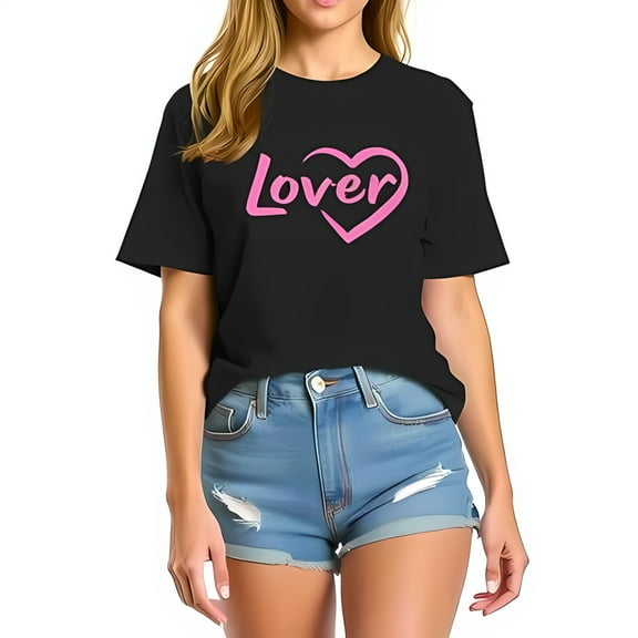 Trendy Cotton Short Sleeve T-Shirt for Women - Bold Pink 'Lover' Design in Heart Outline Casual Chic Style