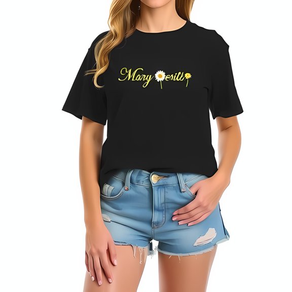 Trendy Cotton Short Sleeve T-Shirt for Women - " " in Vibrant Yellow with Charming Daisy Graphics - Casual Chic Summer Style