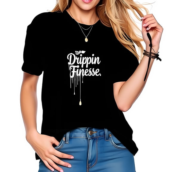 Trendy Cotton Short Sleeve T-Shirt with Dripping 'Drippin Finesse' Slogan in White Font - Casual Chic Style