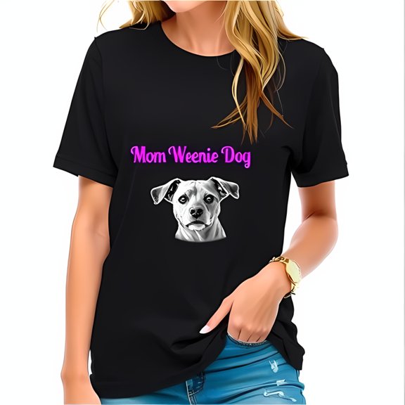Trendy Cotton Short Sleeve T-Shirt with " Mom Weenie Dog " Graphic in Bold Pink - Casual Fit for Pet Lovers