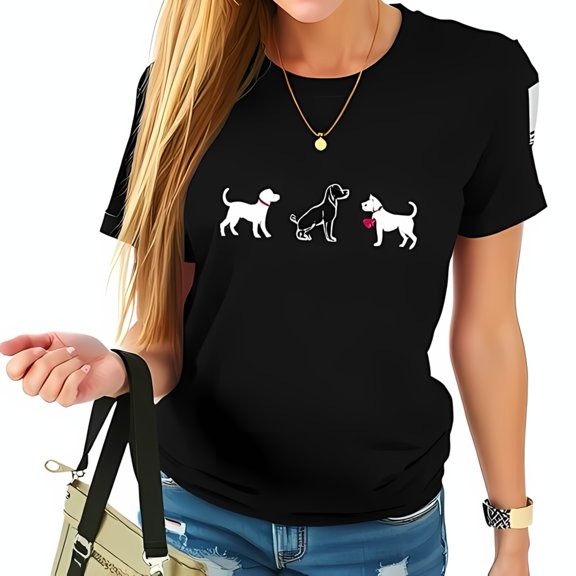 Trendy Cotton Short Sleeve T-Shirt with Playful Graphic of Three Dogs - Stylish Black Tee for Dog Lovers