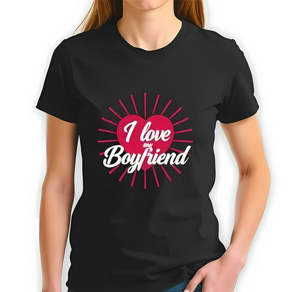 Trendy Cotton Short Sleeve T-Shirt with Playful 'I Love My Boyfriend' Graphic & Heart Design