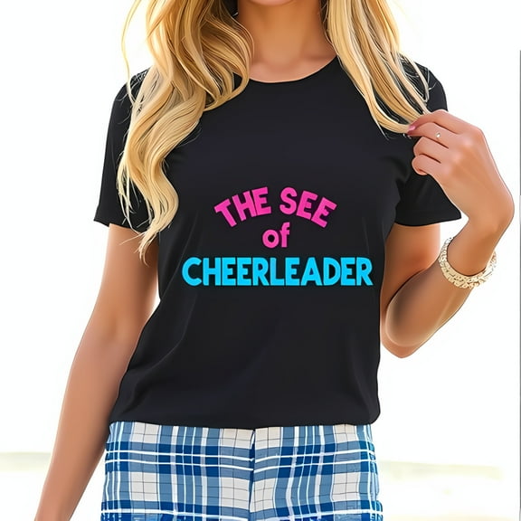 Trendy Cotton Short Sleeve T-Shirt with " THE SEE of CHEERLEADER " Graphic in Bright Pink & Blue Perfect for Casual Style