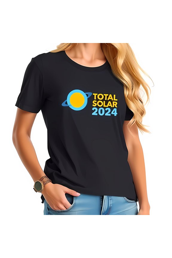 Trendy Cotton Short Sleeve T-Shirt with Vibrant Sun and Planet Ring Design - Total Solar 2024 Graphic Tee
