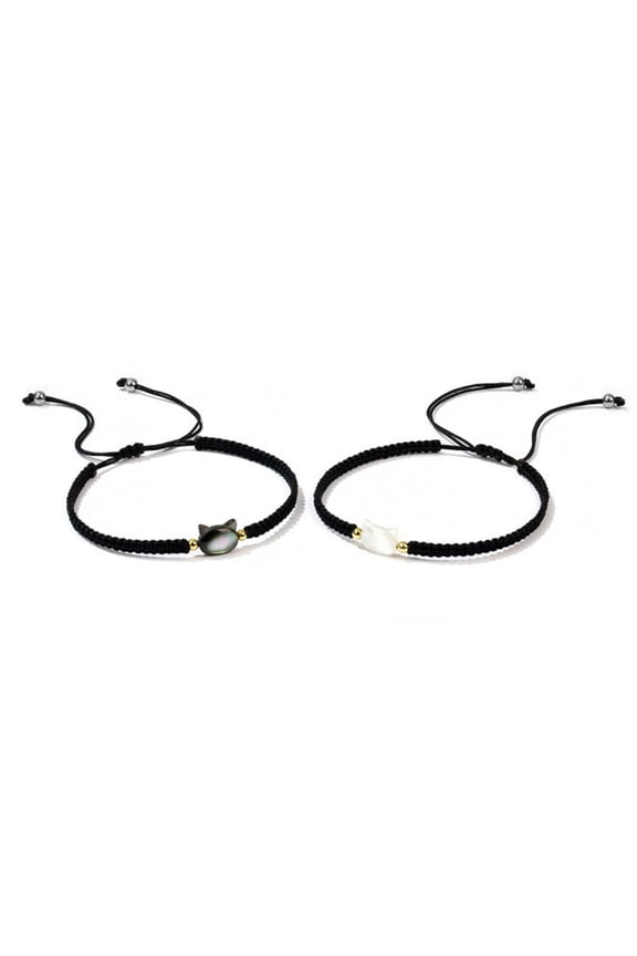 Trendy Couple Bracelet Cute Cat Charm Designed Bangle Adjustable Woven Rope Hand Chain Gift for Girlfriend or Friend