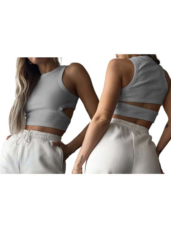 Trendy Crop Tops for Women: Racerback Ribbed Knit Tank Top for Yoga and Gym Workouts Gray M