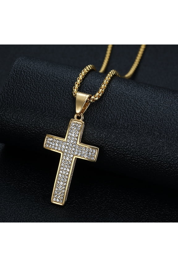 Trendy Cross Rhinestone 14K Yellow Gold Pendant Necklace For Women Men Golden Silver Color Religion Catholic Chain Jewelry Gifts