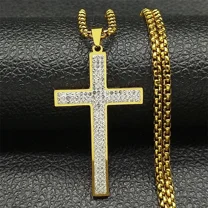 Trendy Cross Rhinestone Pendant Necklace For Women Men 14K Yellow Gold Religion Catholic Chain Jewelry Gifts