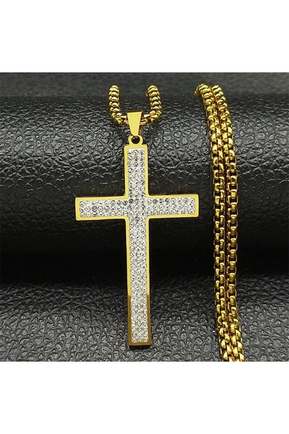 Trendy Cross Rhinestone Pendant Necklace For Women Men 14K Yellow Gold Religion Catholic Chain Jewelry Gifts